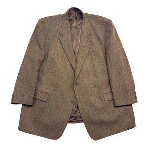 vtg Monsieur Adolfo 54L Brown Herringbone Tweed Blazer Jacket Sport Coat Wool